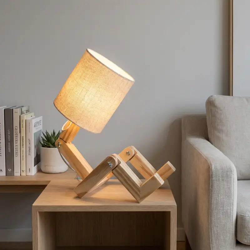 Abajur de Mesa Articulável Porta Livro em Madeira com Cúpula Linho- Ilúmine Decor