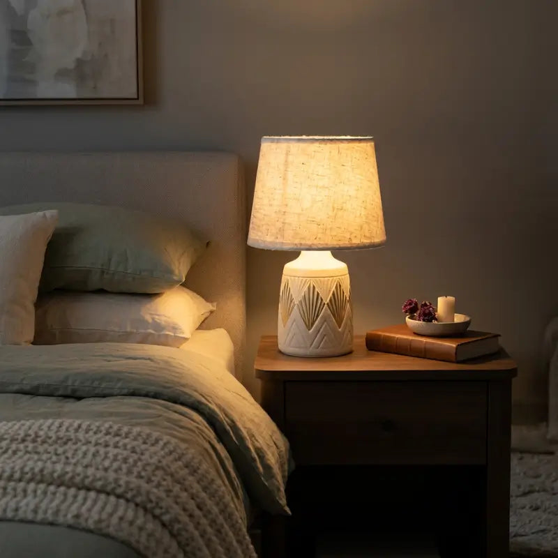 Abajur de Mesa Bege Areia com Detalhes Dourados em Cerâmica e Linho - Ilúmine Decor
