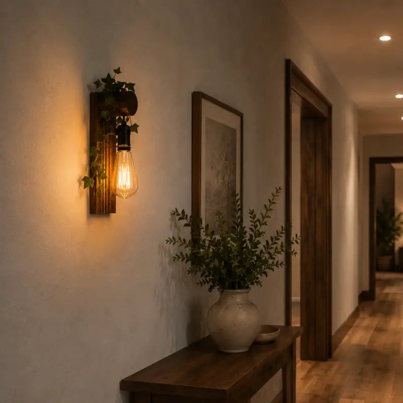 Arandela de Parede Rústica em Madeira com Folhagem - Ilúmine Decor