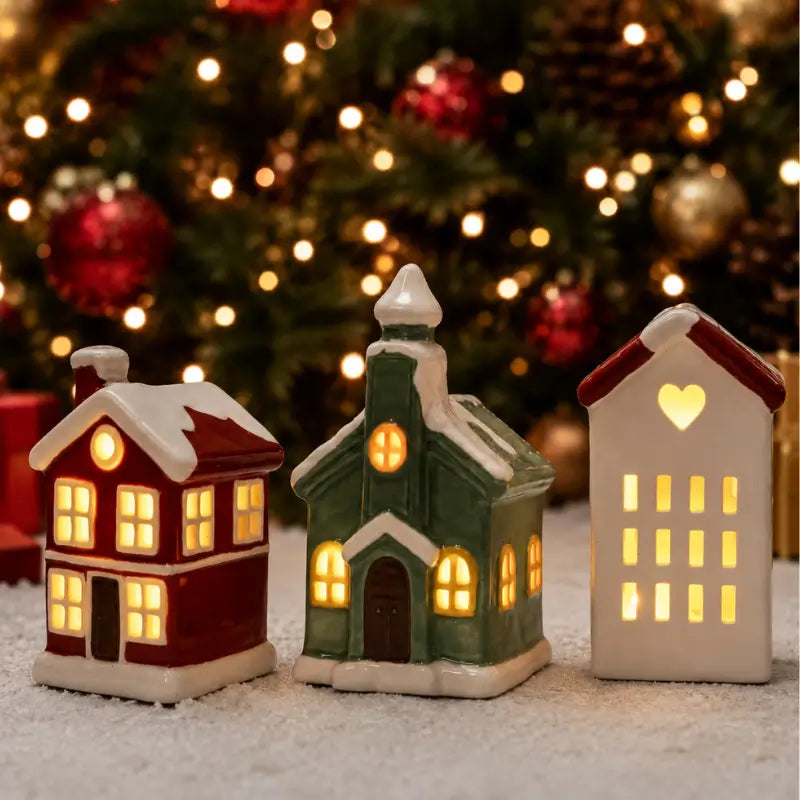 Decoração de Natal Vila de Cerâmica com 3 Casas com Led - Ilúmine Decor
