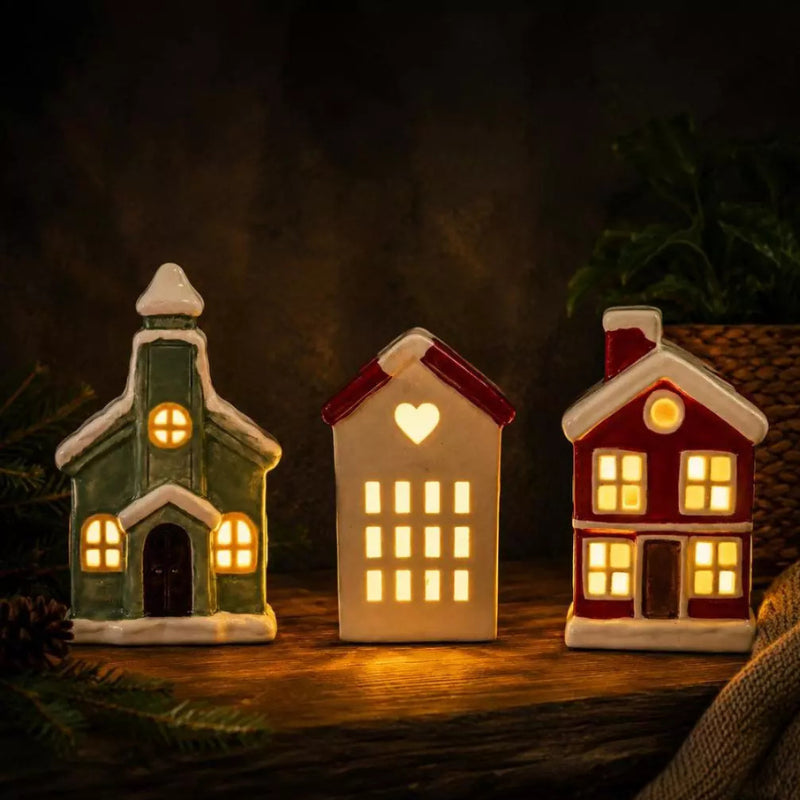 Decoração de Natal Vila de Cerâmica com 3 Casas com Led - Ilúmine Decor