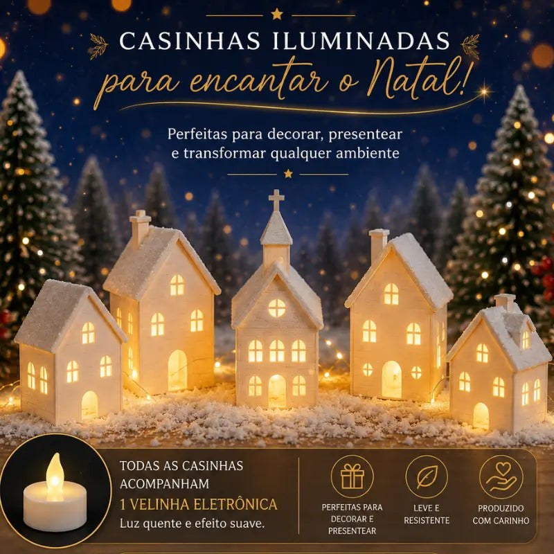 Decoração de Natal Vila de casas 5 peças Com Velas de Led - Ilúmine Decor