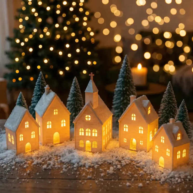 Decoração de Natal Vila de casas 5 peças Com Velas de Led - Ilúmine Decor