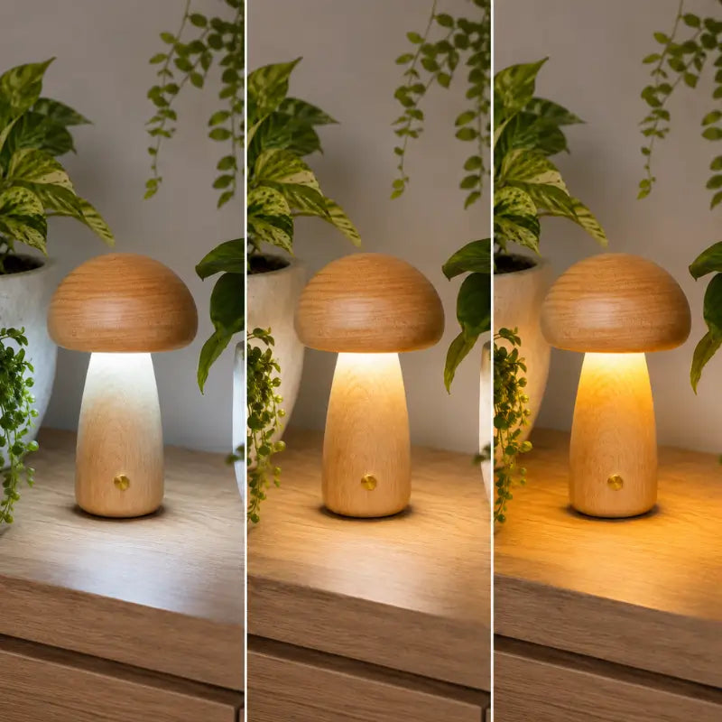 Luminária Decorativa para Mesa Cogumelo Madeira 3 Tons de Luz Ilúmine Decor