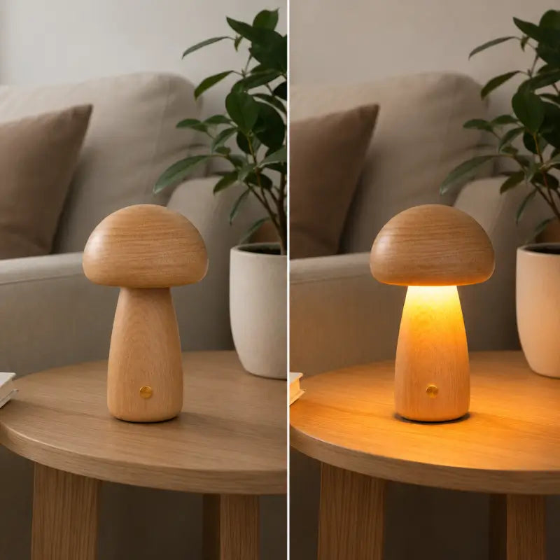 Luminária Decorativa para Mesa Cogumelo Madeira 3 Tons de Luz Ilúmine Decor
