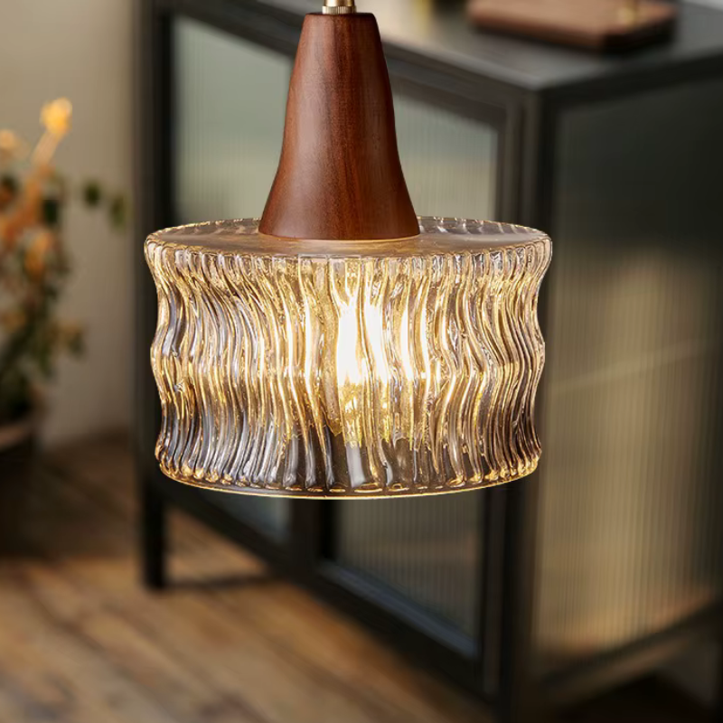 Luminária de Teto Pendente Madeira e Vidro Estilo Nórdico - Ilúmine Decor