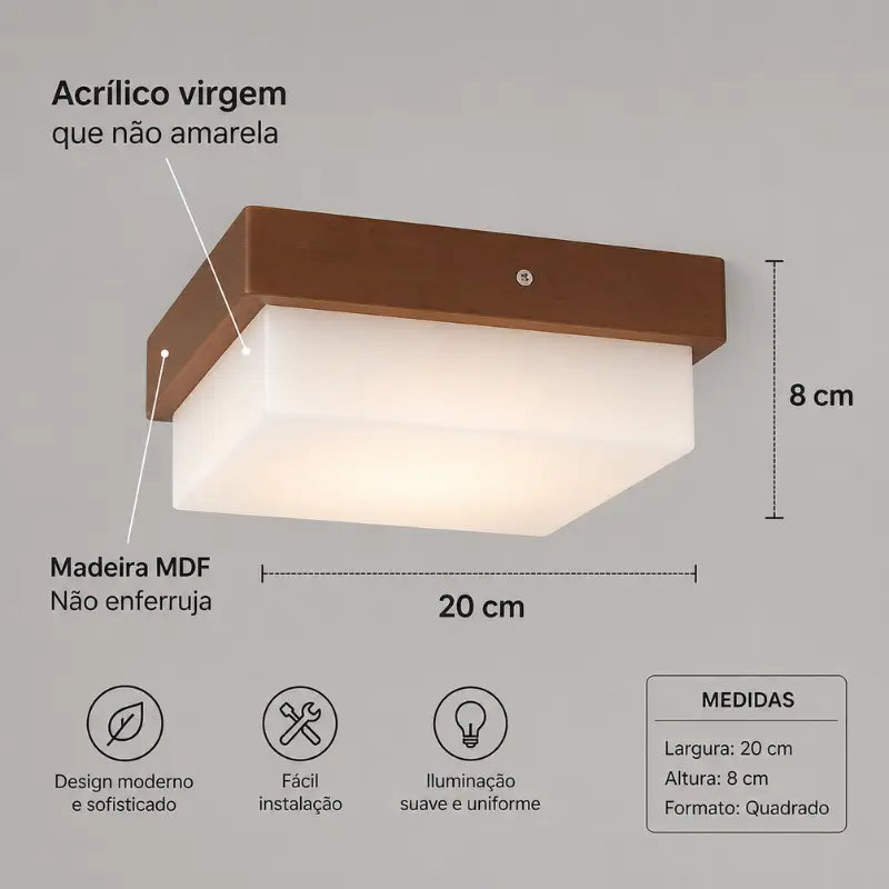 Luminária de Teto Plafon Decorativo de Madeira 20cm