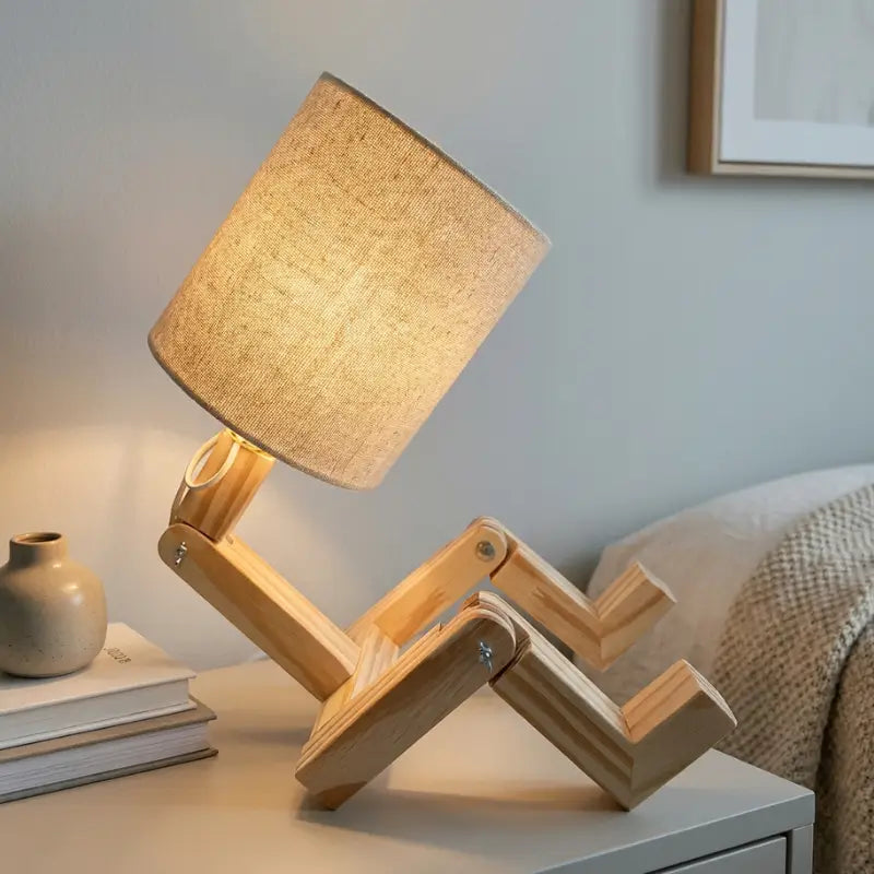 Abajur de Mesa Articulável Porta Livro em Madeira com Cúpula Linho- Ilúmine Decor