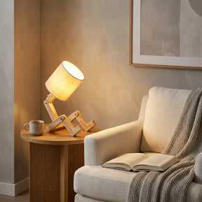 Abajur de Mesa Articulável Porta Livro em Madeira com Cúpula Linho- Ilúmine Decor