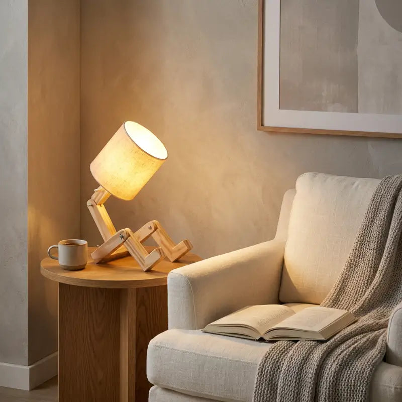 Abajur de Mesa Articulável Porta Livro em Madeira com Cúpula Linho- Ilúmine Decor