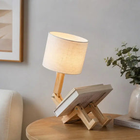 Abajur de Mesa Articulável Porta Livro em Madeira com Cúpula Linho- Ilúmine Decor