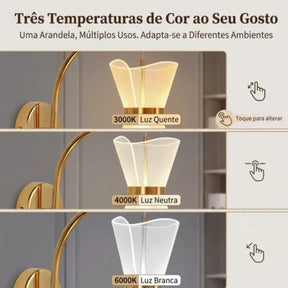 Arandela de Parede Dourada 3 Cores de Luz Bivolt - Ilúmine Decor