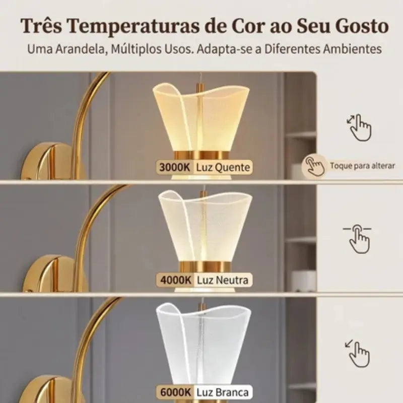 Arandela de Parede Dourada 3 Cores de Luz Bivolt - Ilúmine Decor