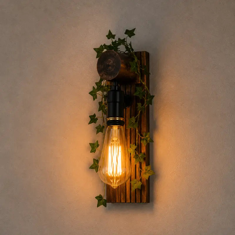 Arandela de Parede Rústica em Madeira com Folhagem - Ilúmine Decor