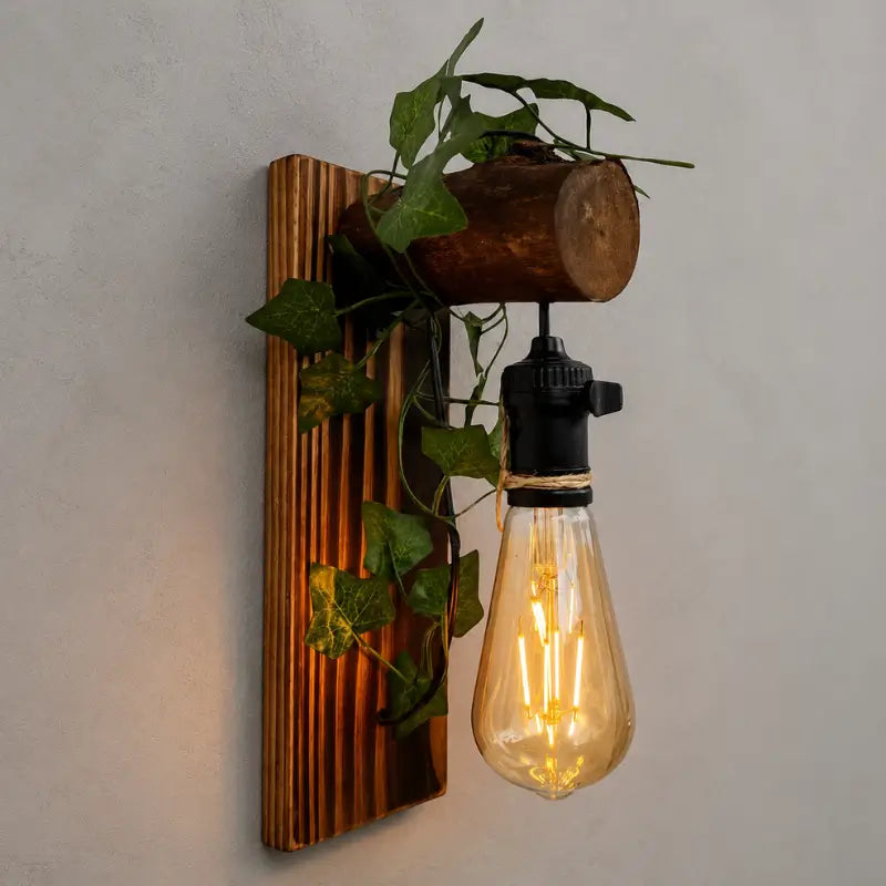 Arandela de Parede Rústica em Madeira com Folhagem - Ilúmine Decor