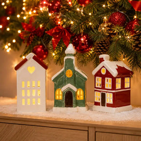 Decoração de Natal Vila de Cerâmica com 3 Casas com Led - Ilúmine Decor