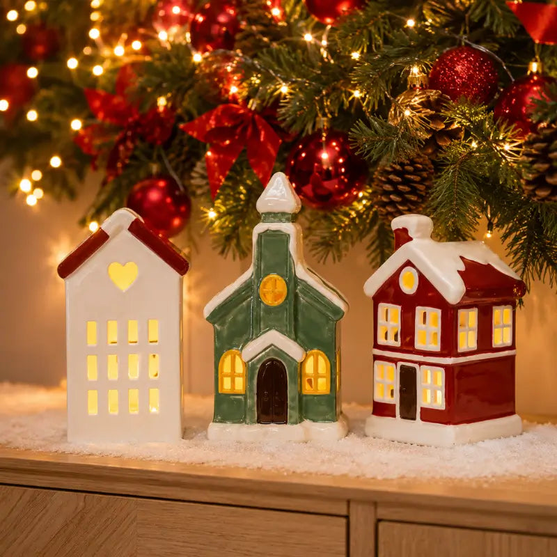 Decoração de Natal Vila de Cerâmica com 3 Casas com Led - Ilúmine Decor