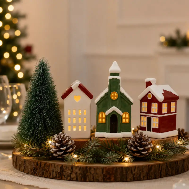 Decoração de Natal Vila de Cerâmica com 3 Casas com Led - Ilúmine Decor