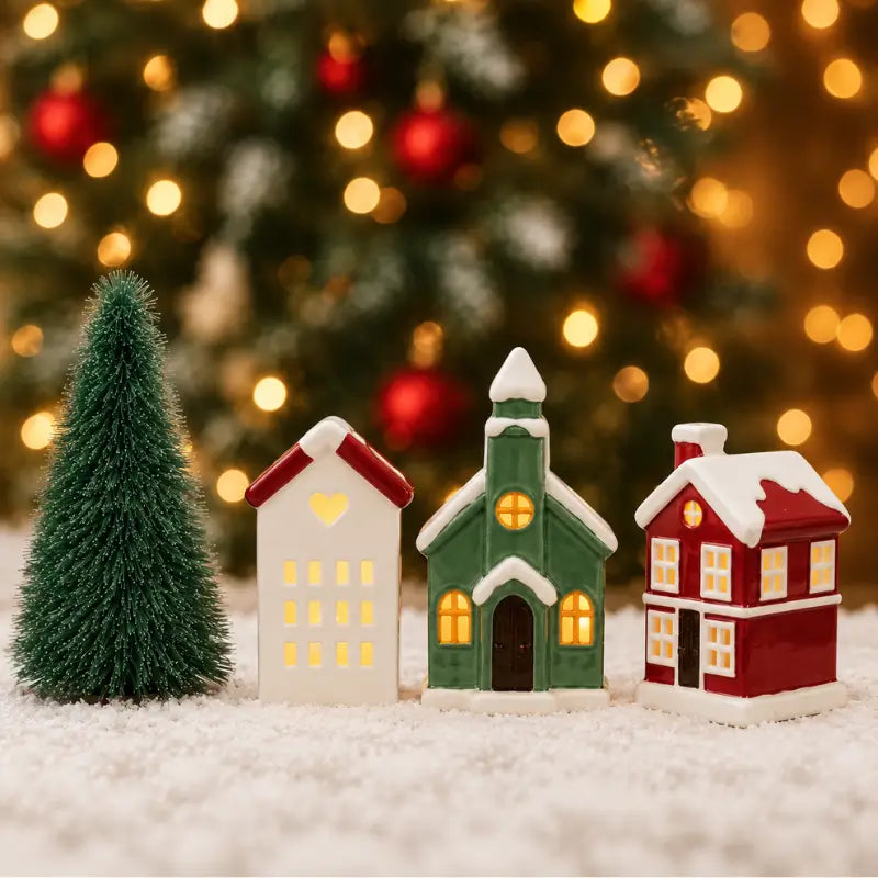 Decoração de Natal Vila de Cerâmica com 3 Casas com Led - Ilúmine Decor