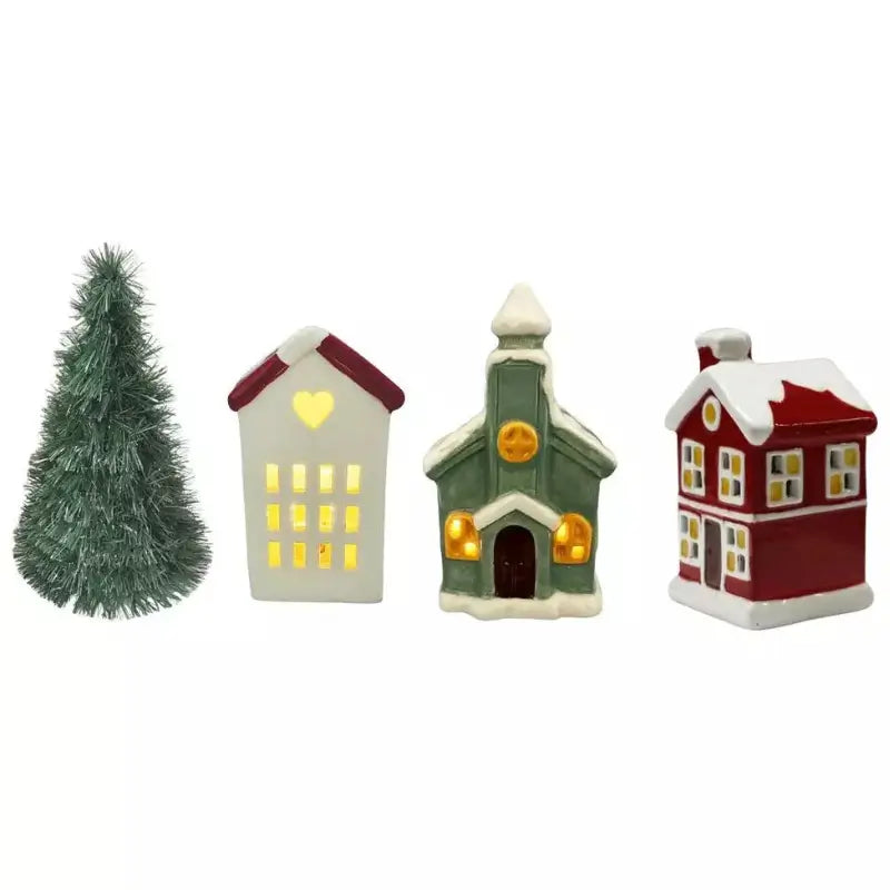 Decoração de Natal Vila de Cerâmica com 3 Casas com Led - Ilúmine Decor