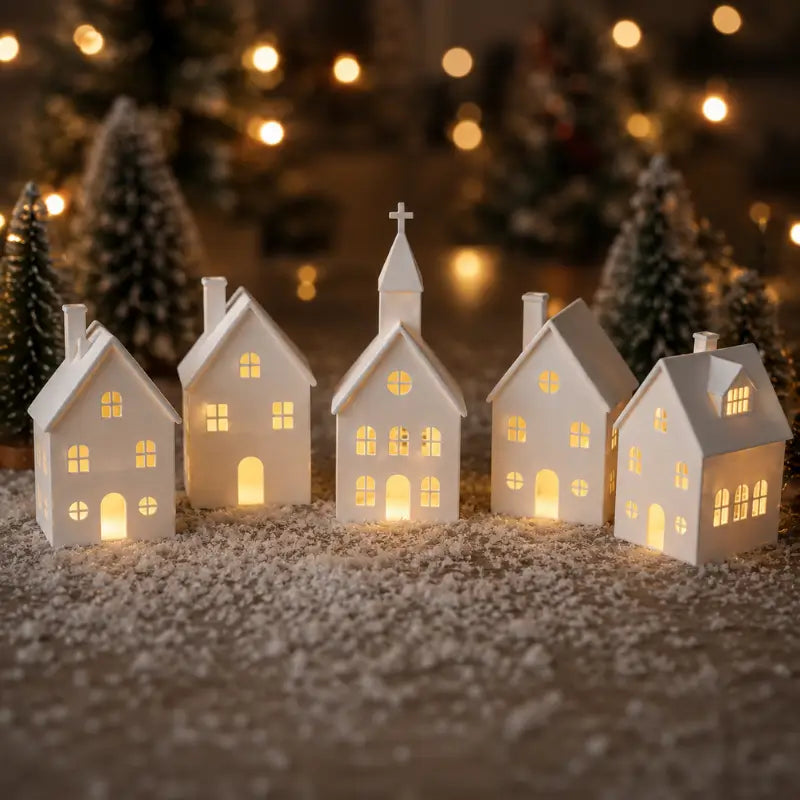 Decoração de Natal Vila de casas 5 peças Com Velas de Led - Ilúmine Decor