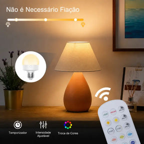 Lâmpada LED Recarregável Sem Fio E27 15 Cores Controle Remoto - Ilúmine Decor