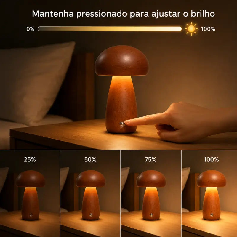 Luminária Decorativa para Mesa Cogumelo Madeira 3 Tons de Luz  Ilúmine Decor