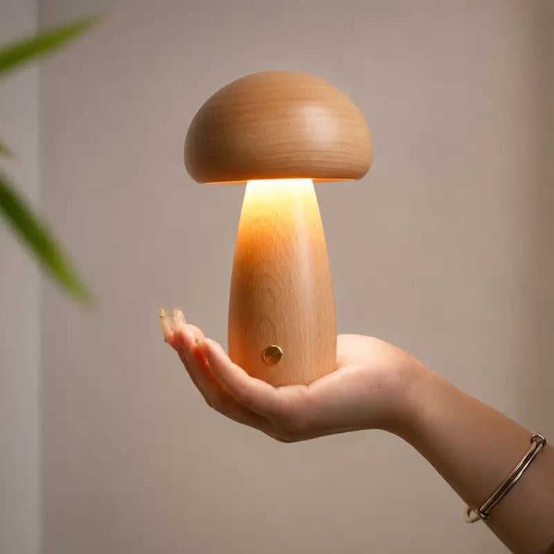 Luminária Decorativa para Mesa Cogumelo Madeira 3 Tons de Luz  Ilúmine Decor