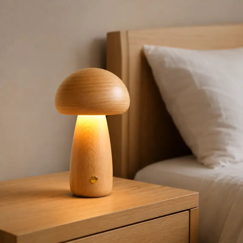 Luminária Decorativa para Mesa Cogumelo Madeira 3 Tons de Luz  Ilúmine Decor