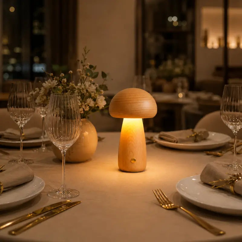Luminária Decorativa para Mesa Cogumelo Madeira 3 Tons de Luz  Ilúmine Decor