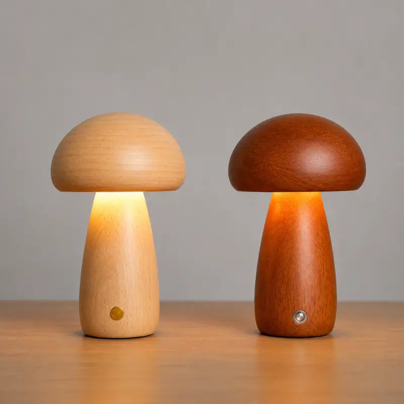 Luminária Decorativa para Mesa Cogumelo Madeira 3 Tons de Luz  Ilúmine Decor