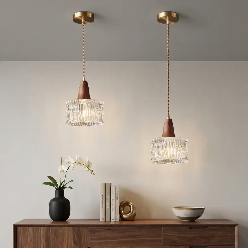 Luminária de Teto Pendente Madeira e Vidro Estilo Nórdico - Ilúmine Decor