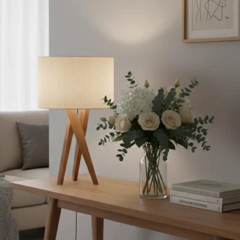 Abajur de Mesa Luxo em Madeira com Cúpula de Tecido